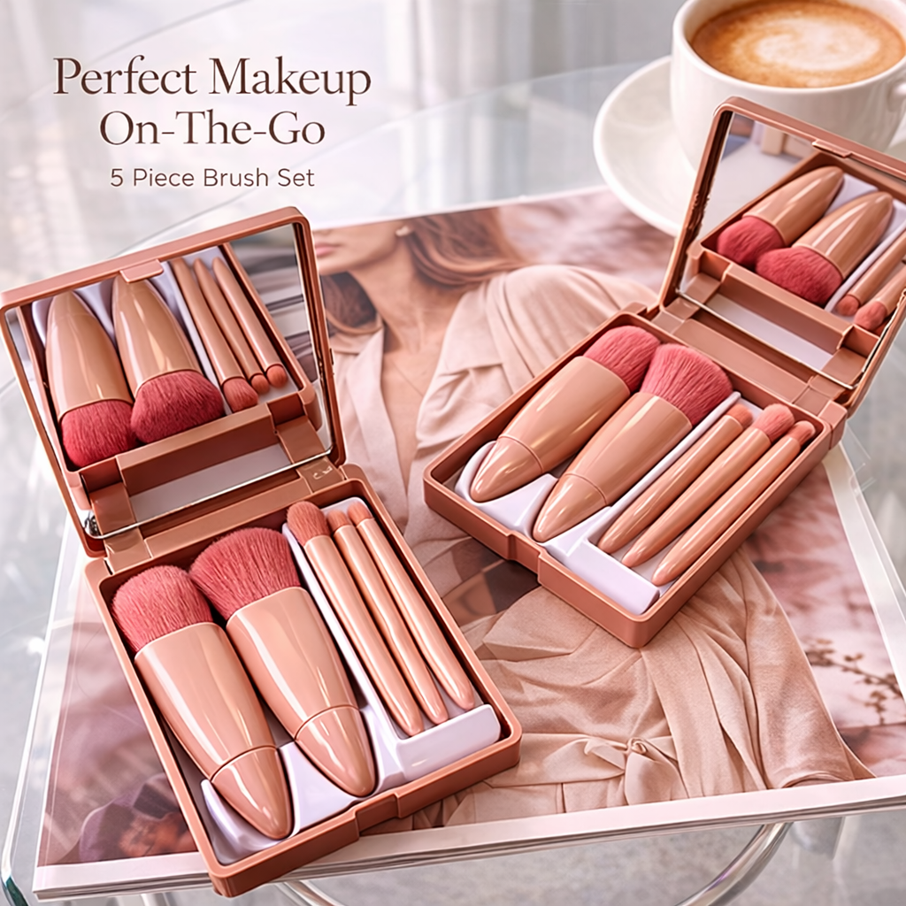 Glow On-The-Go: 5PCS Mini Makeup Brush Set with Mirror