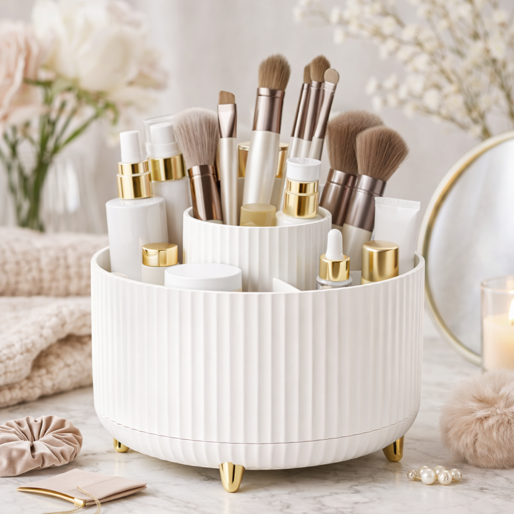 Spinning Makeup Tower – Rotating Organizer for Skincare, Brushes & Cosmetics