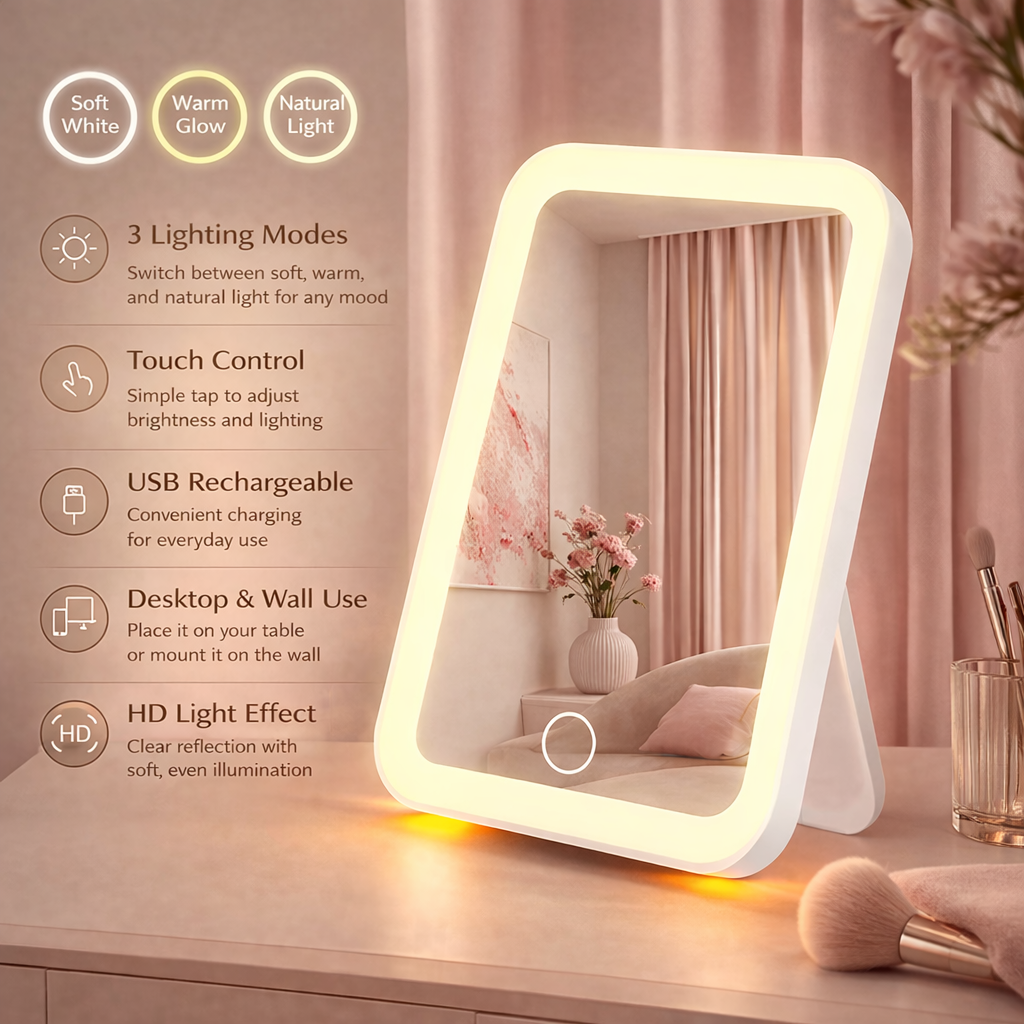 Portable LED Makeup Mirror with Touch Control & USB Charging