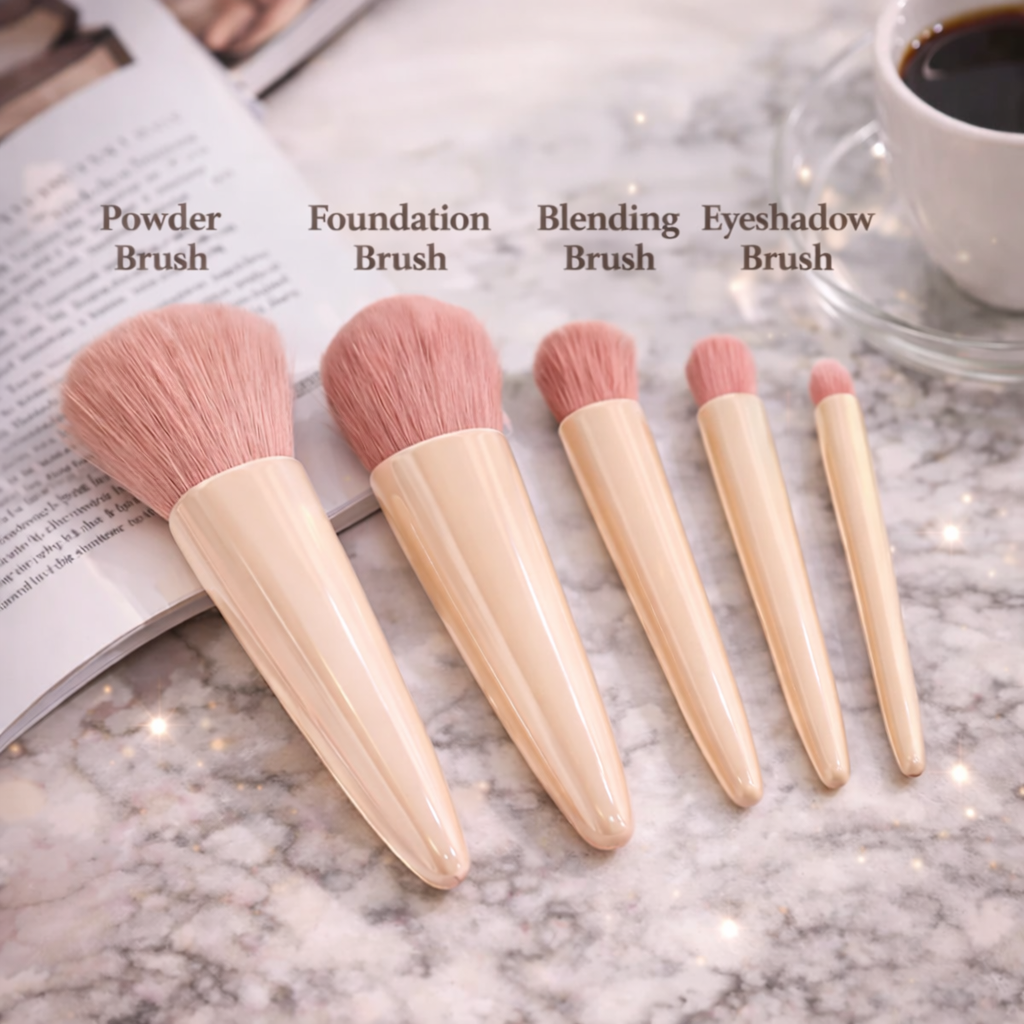 Glow On-The-Go: 5PCS Mini Makeup Brush Set with Mirror