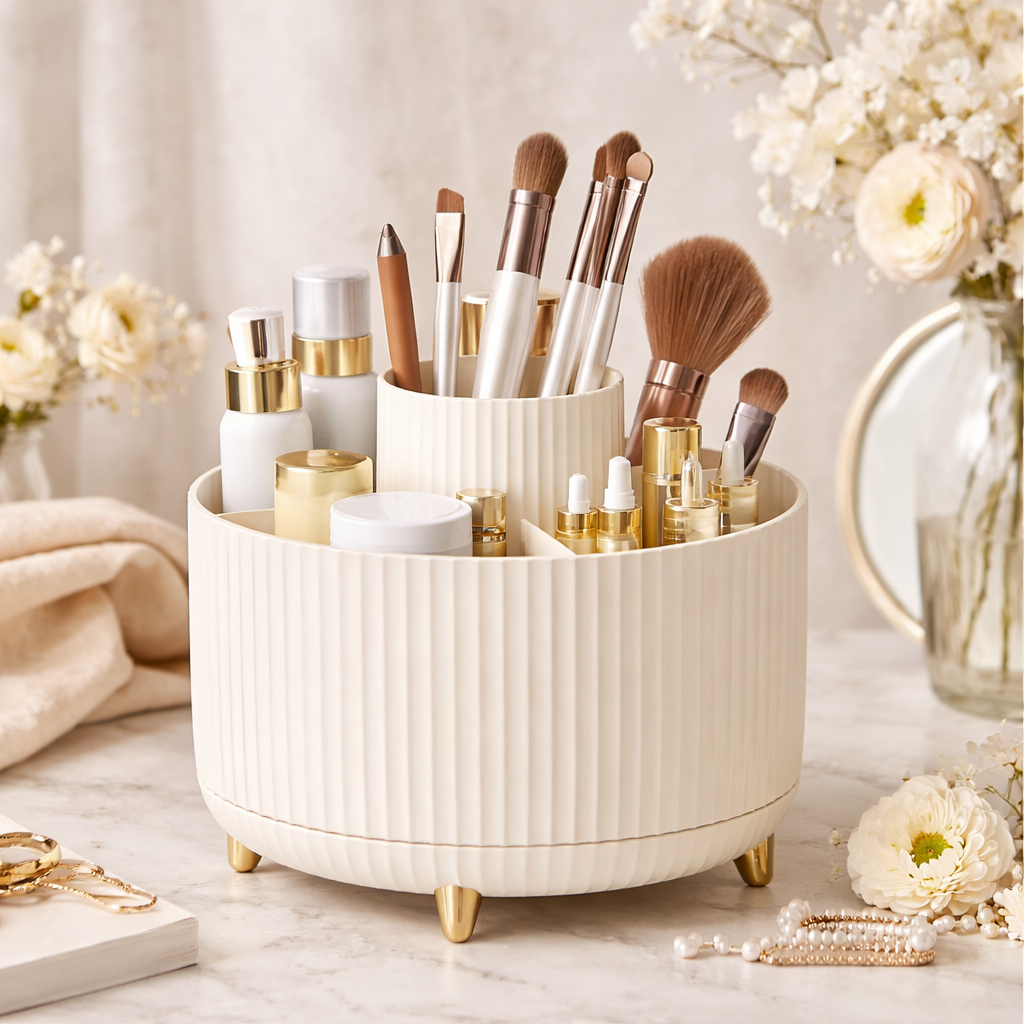 Spinning Makeup Tower – Rotating Organizer for Skincare, Brushes & Cosmetics