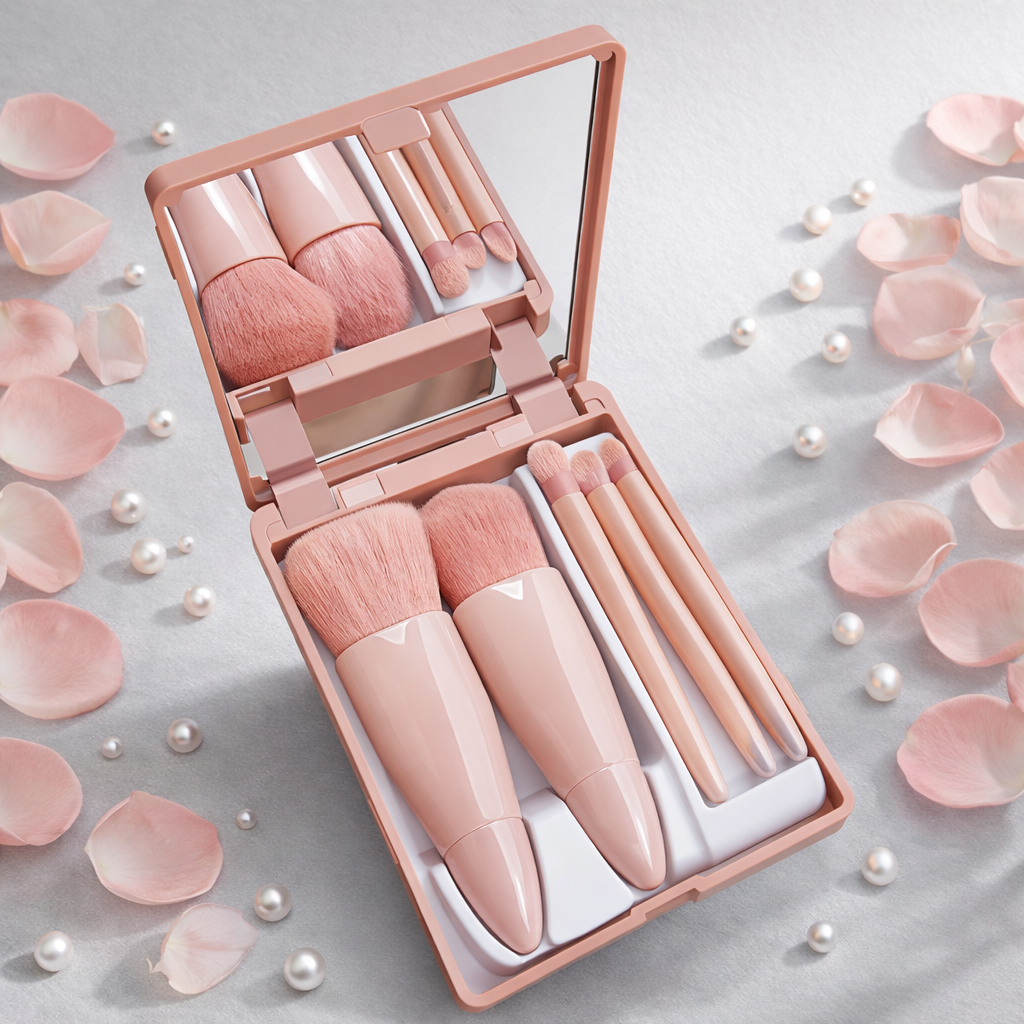 Glow On-The-Go: 5PCS Mini Makeup Brush Set with Mirror