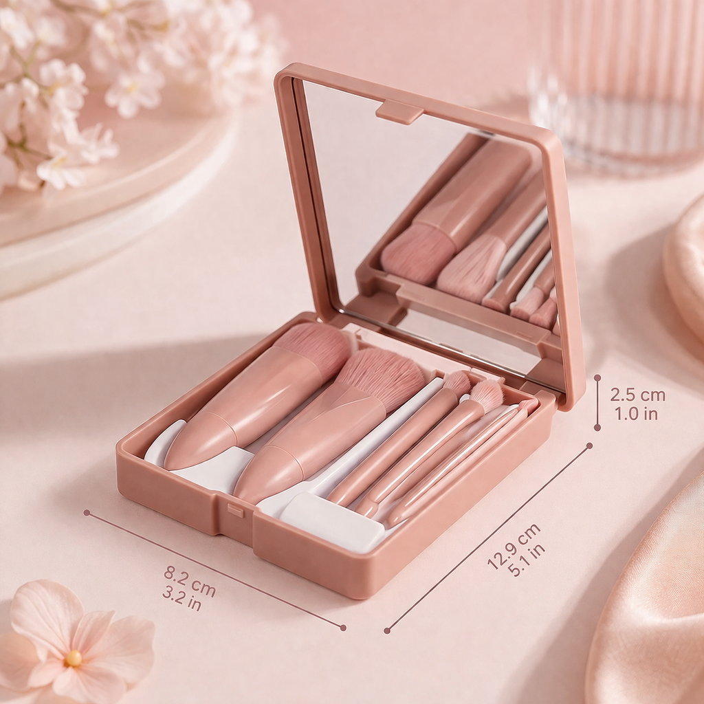 Glow On-The-Go: 5PCS Mini Makeup Brush Set with Mirror