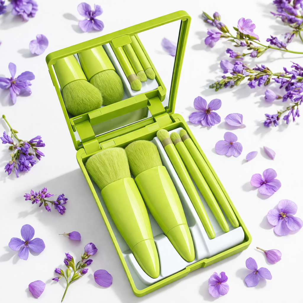 Glow On-The-Go: 5PCS Mini Makeup Brush Set with Mirror