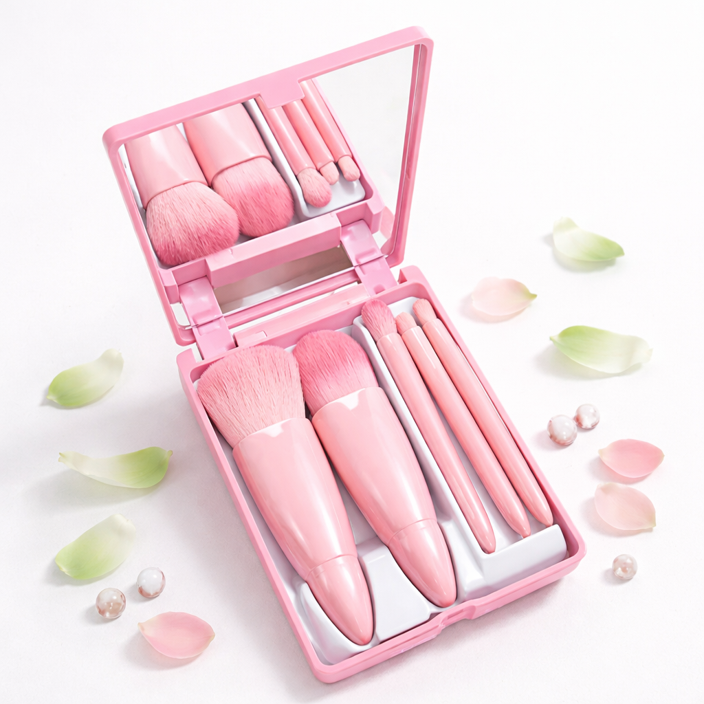 Glow On-The-Go: 5PCS Mini Makeup Brush Set with Mirror