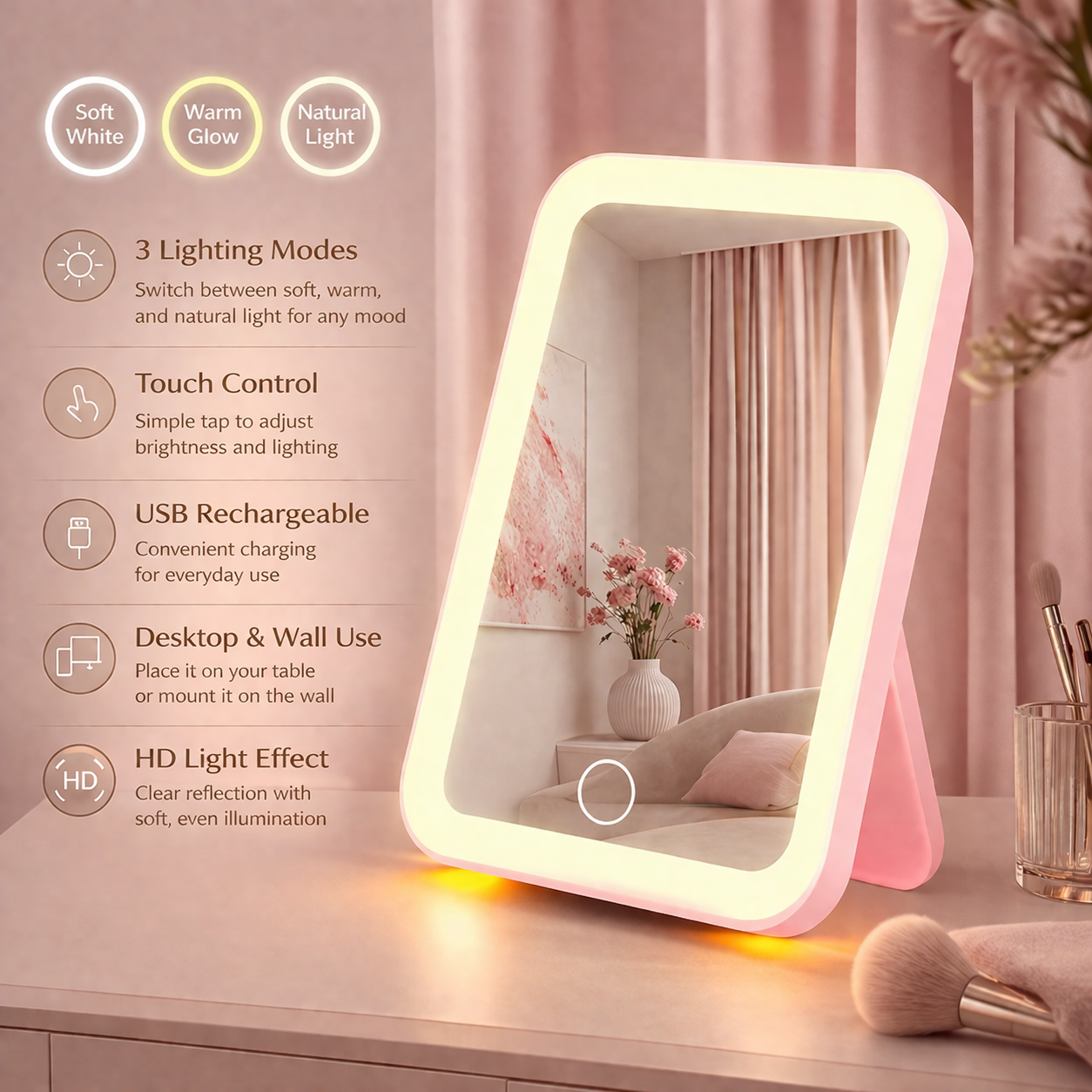 Portable LED Makeup Mirror with Touch Control & USB Charging